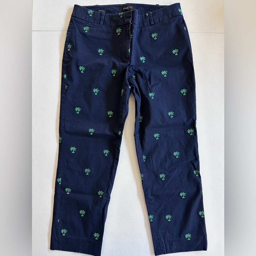 Talbots Signature Pants Navy Blue  Embroidered Green Palm Trees Novelty Size 8